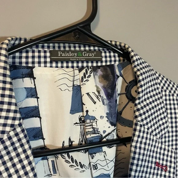 Paisley & Gray Men’s Blazer 54R Slim Fit Checkered Blue White Lightweight Church - Picture 2 of 8
